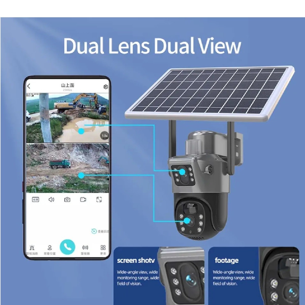 Dual Lens Solar Outdoor Security Surveillance Cameras With Solar Panel